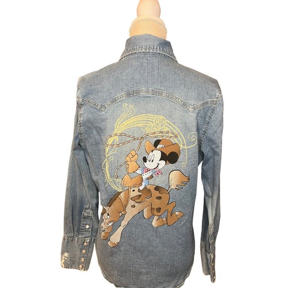 FUN  Bronc Riding Micky Mouse Cowboy Button Down Denim Shirt - Picture 1 of 5